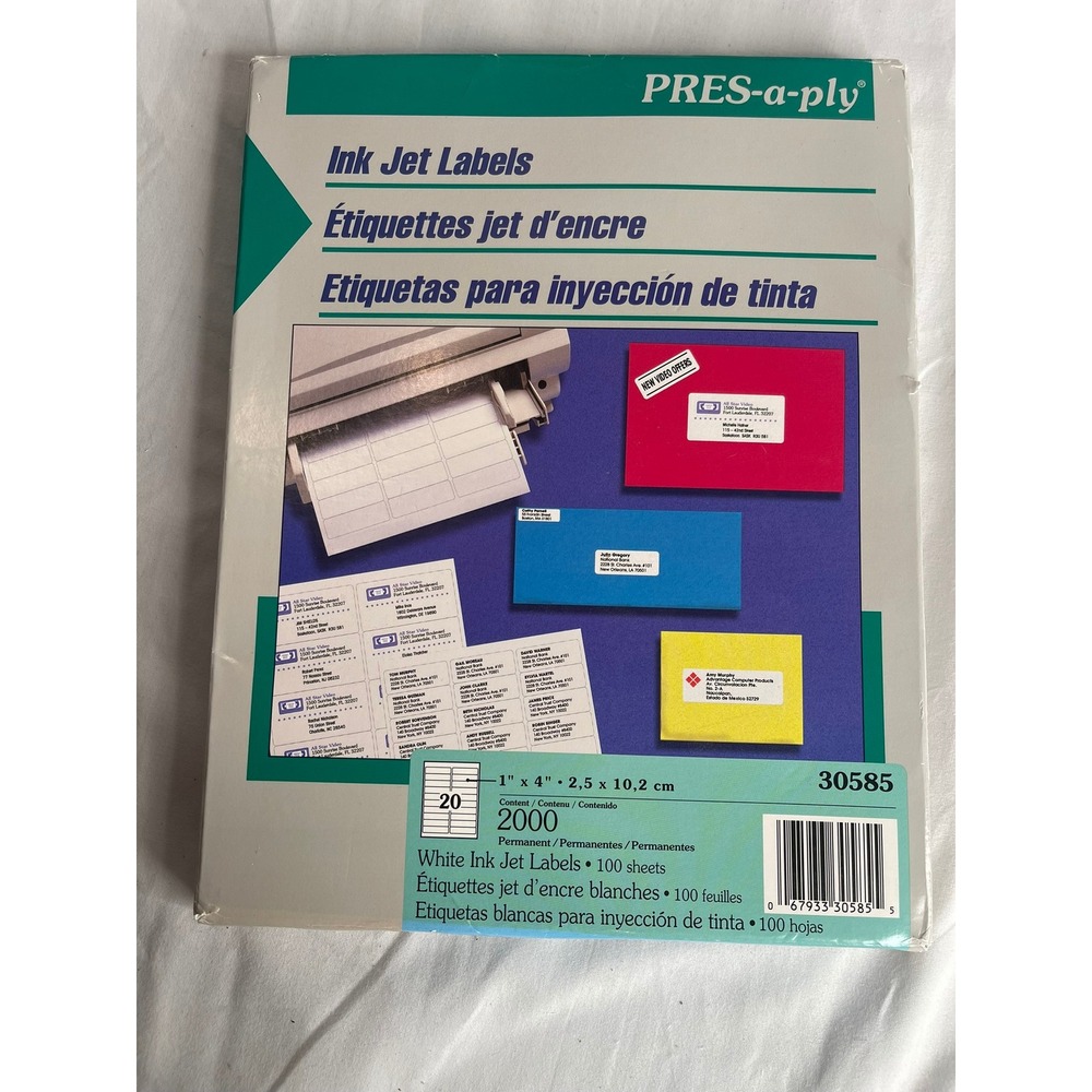 PRES-a-ply 30585 White Ink Jet Labels 1 x 4 Inch 2000 Count 100 Sheets Permanent